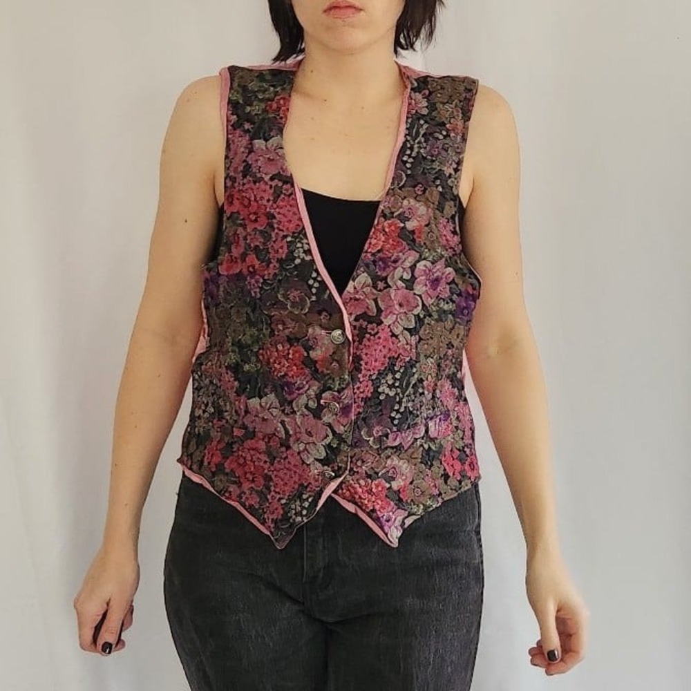 90s Pink and Green‎ Floral Tapestry Vest